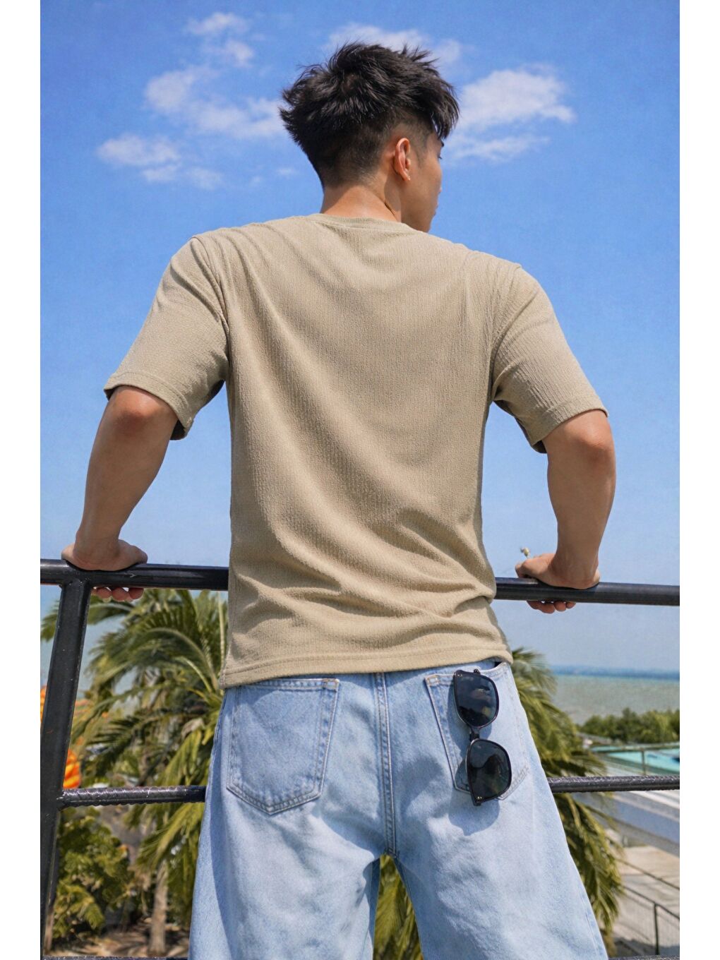 Bej Erkek Jakarlı Oversize Tişört Bisiklet Yaka Rahat Kalıp Yazlık Basic T-Shirt-2