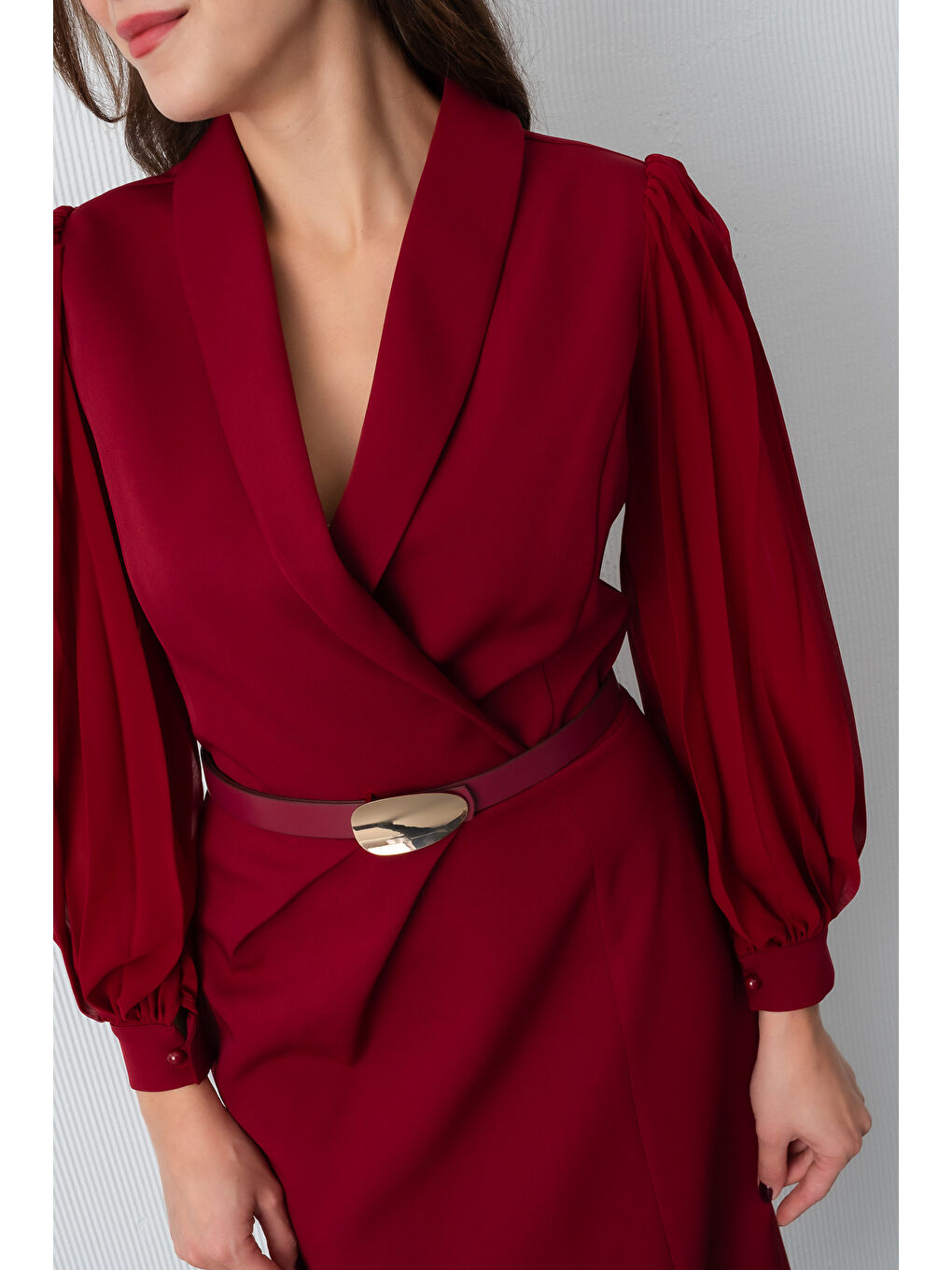 Kadın Bordo Kemerli Midi Abiye Elbise-4