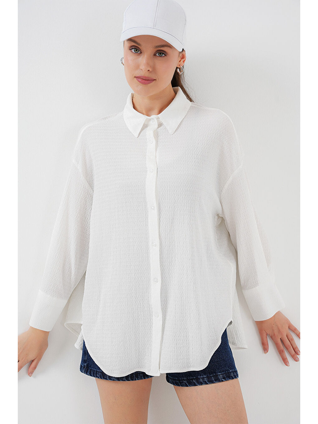 Kadın Örme Oversize Gömlek 20264 - Beyaz-4