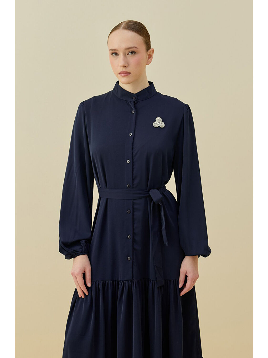 Merwish Broşlu Elbise 1669 Lacivert-2