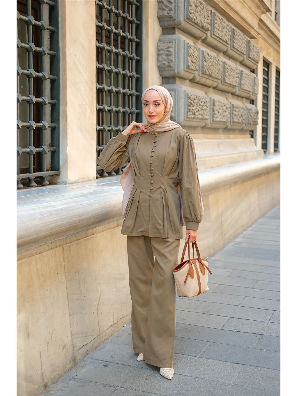 Kadın Beli Pens Detaylı Takım Haki Yeşil