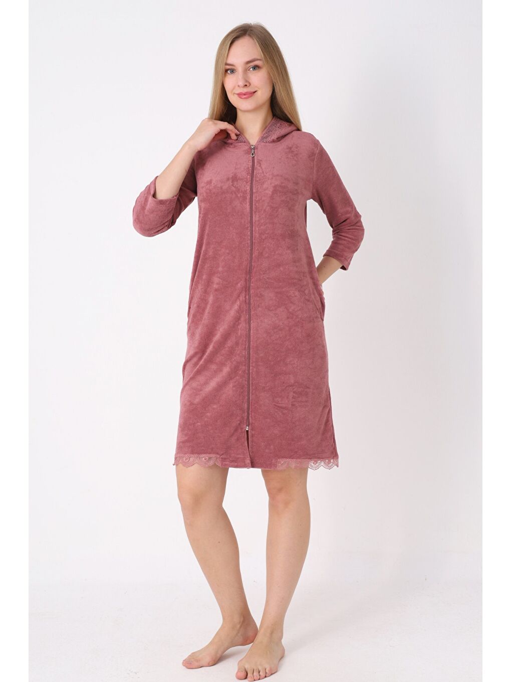 Kahverengi Kapüşonlu Fermuarlı Cepli Taşlı Truvakar Kollu Pamuklu Havlu Elbise-1