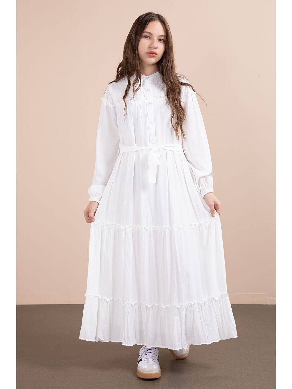 Ekru Kolları Büzgülü Kuşaklı Kız Çocuk Uzun Elbise 23401
