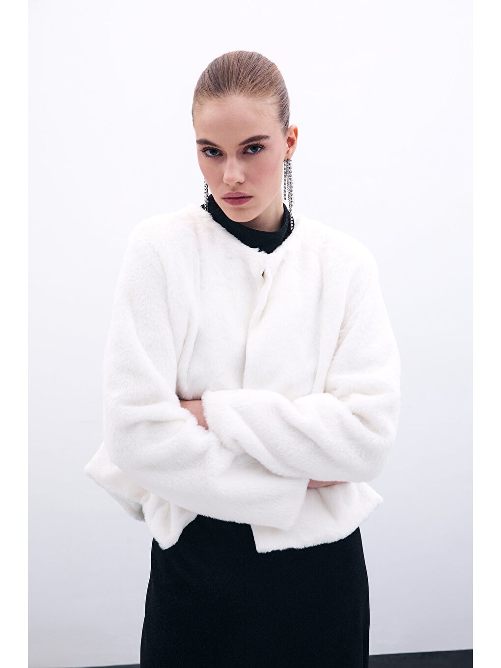 Yakasız Pelüş Ceket - Ekru-2