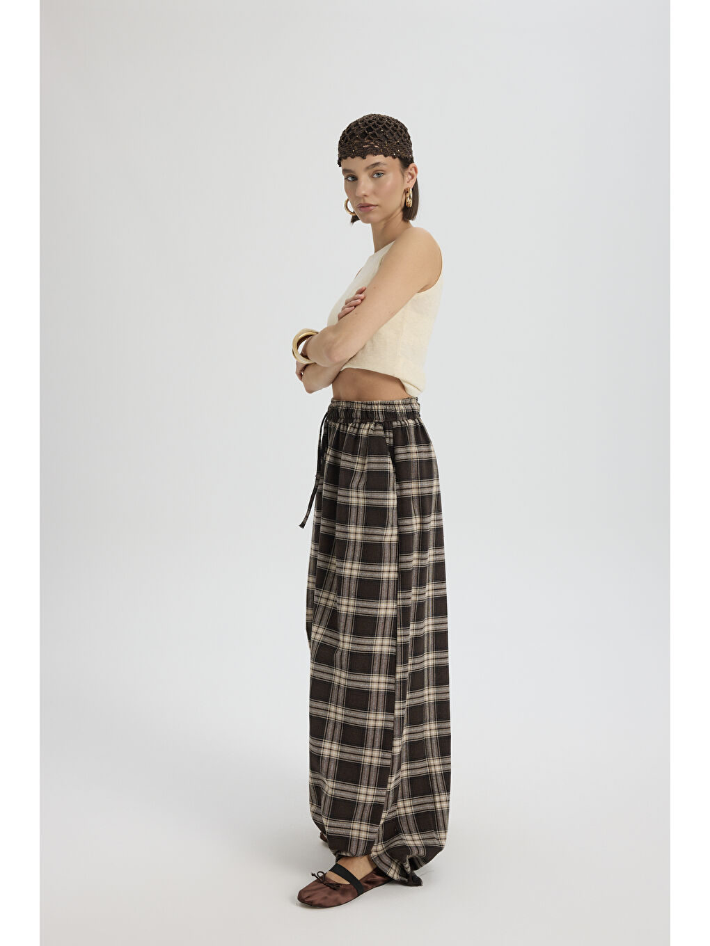 Kahverengi Jolene Ekoseli Kahve Şalvar Pantolon-5