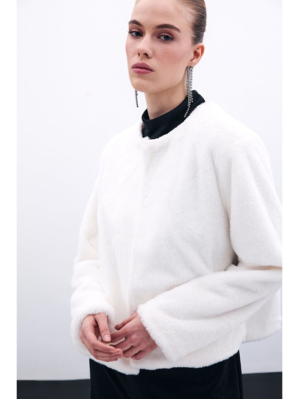 Yakasız Pelüş Ceket - Ekru-3