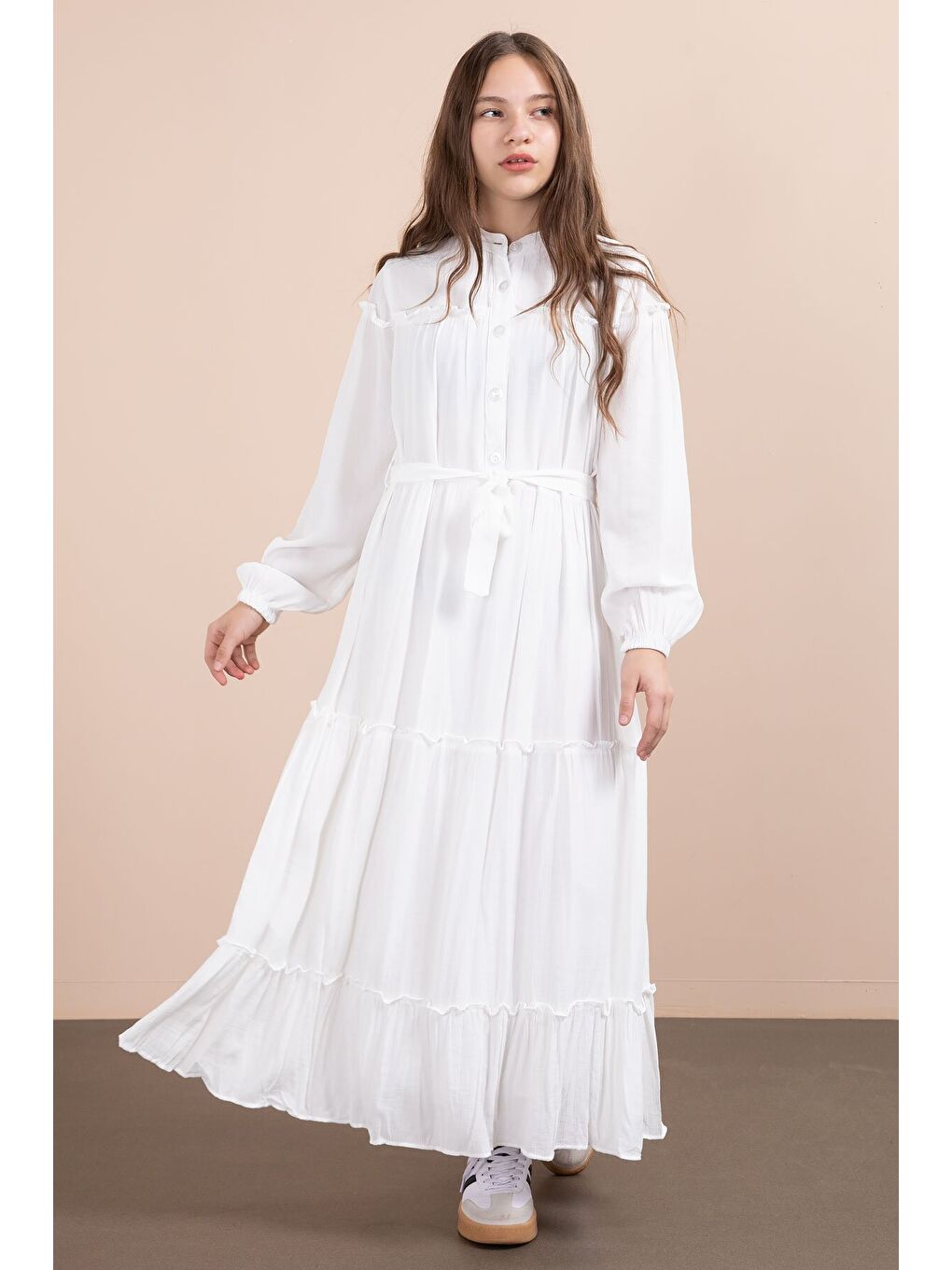 Ekru Kolları Büzgülü Kuşaklı Kız Çocuk Uzun Elbise 23401-1