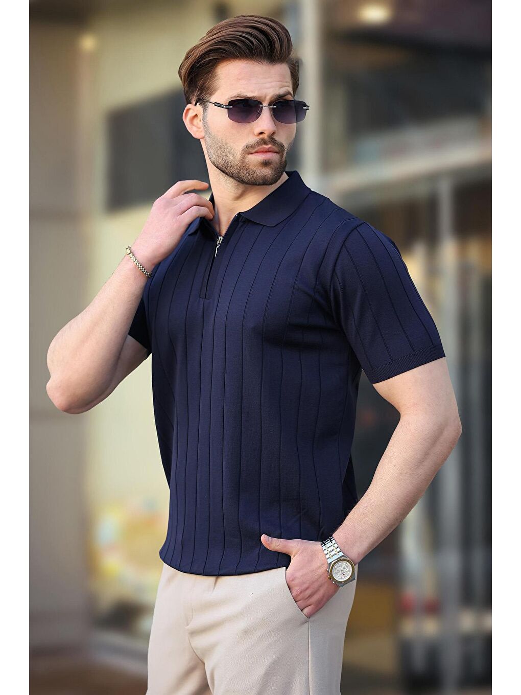 Lacivert Polo Yaka Fermuarlı Erkek T-Shirt E7298-1