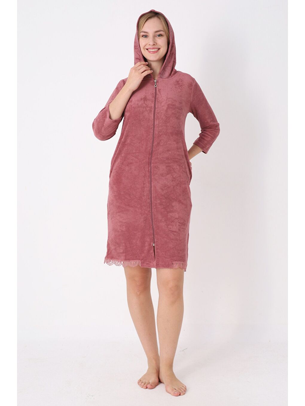 Kahverengi Kapüşonlu Fermuarlı Cepli Taşlı Truvakar Kollu Pamuklu Havlu Elbise-2