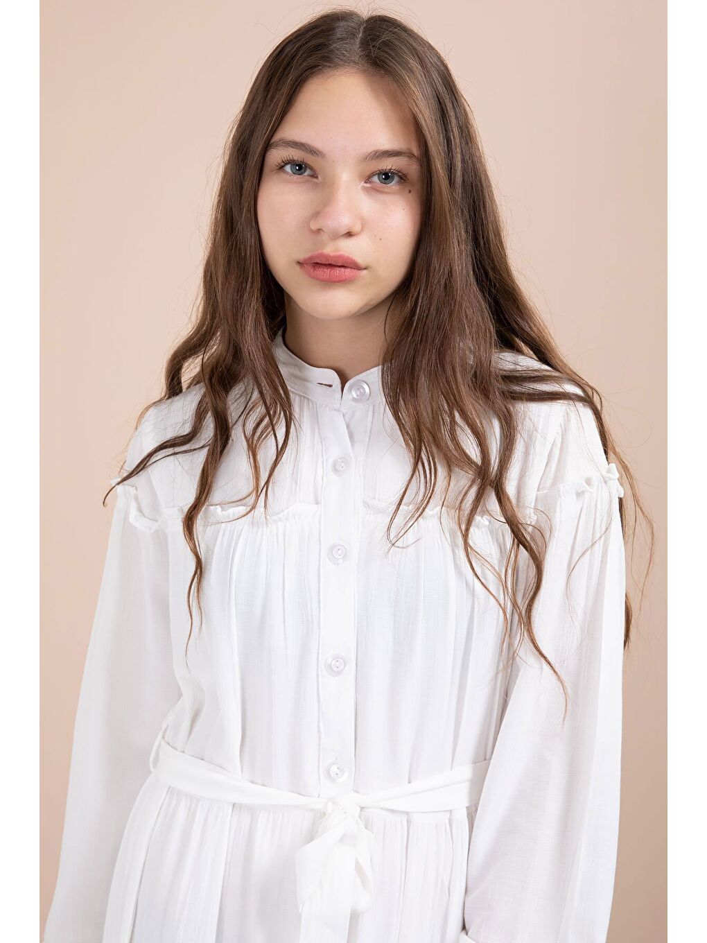 Ekru Kolları Büzgülü Kuşaklı Kız Çocuk Uzun Elbise 23401-2