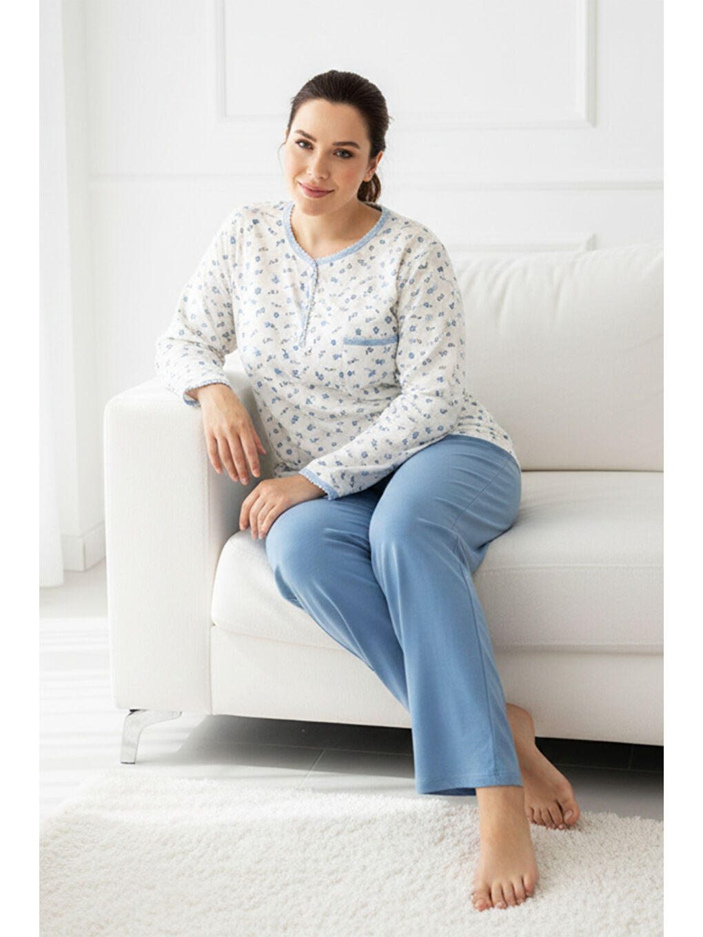 Büyük Beden Kadın Uzun Kol Kroşetalı Patlı Pamuklu Pijama Takımı 240846 Beyaz05-3