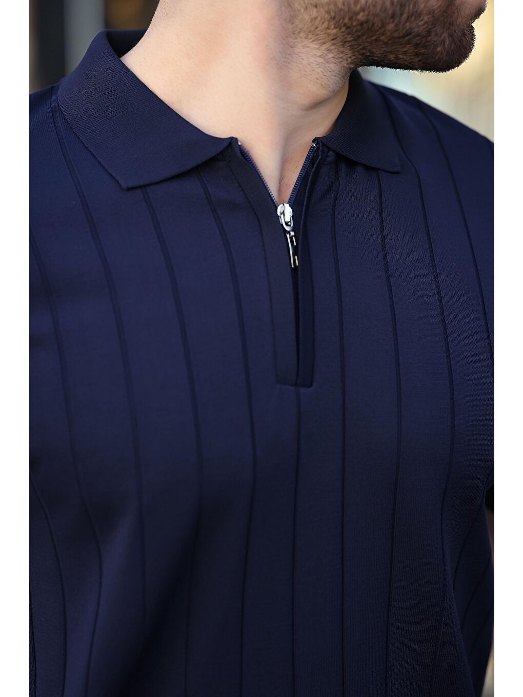 Lacivert Polo Yaka Fermuarlı Erkek T-Shirt E7298-2