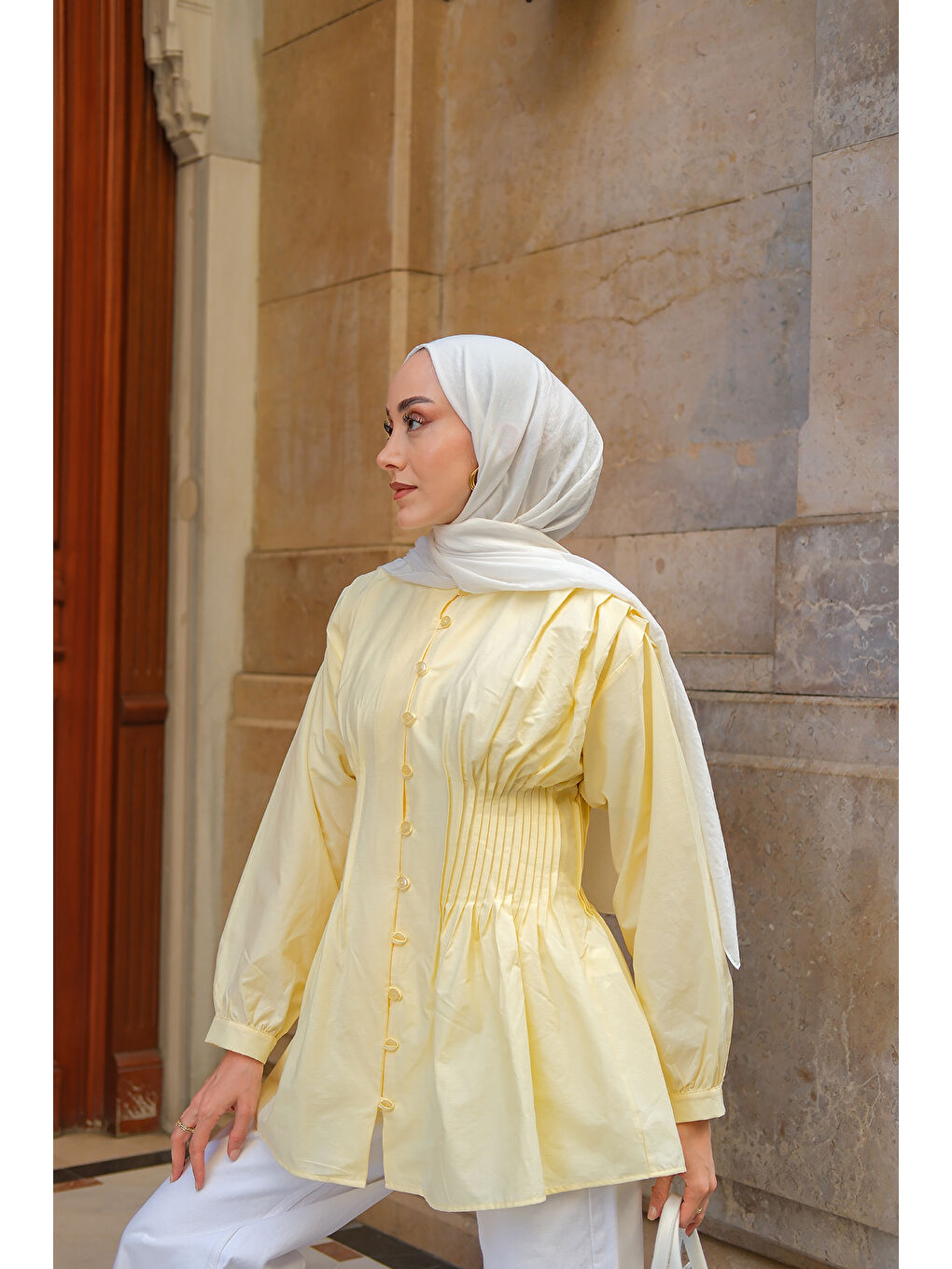Kadın Beli Nervürlü Poplin Gömlek Sarı-3