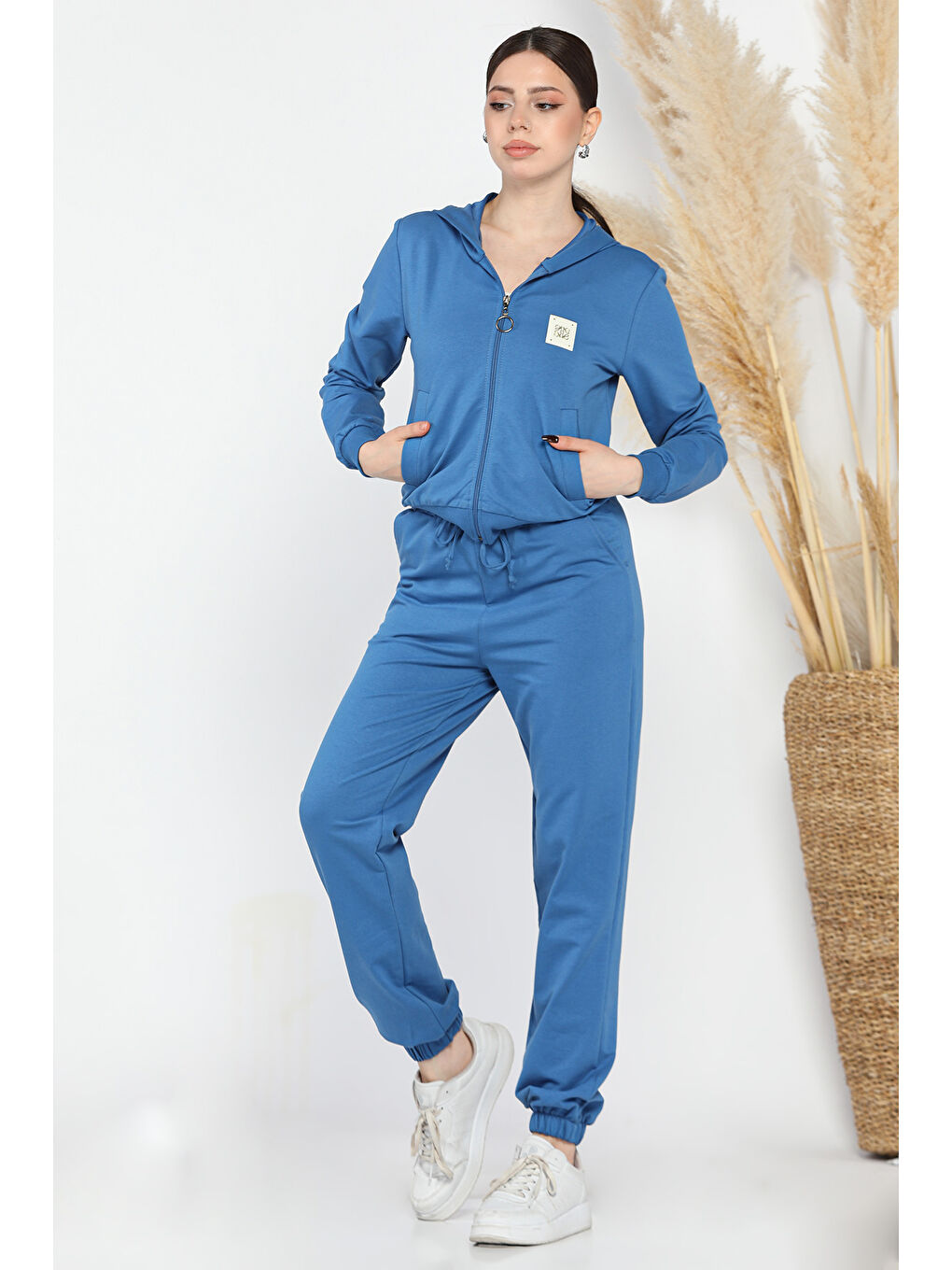 Mavi Kadın Kapüşonlu Fermuarlı Sweat Pantolon Eşofman Takımı-1