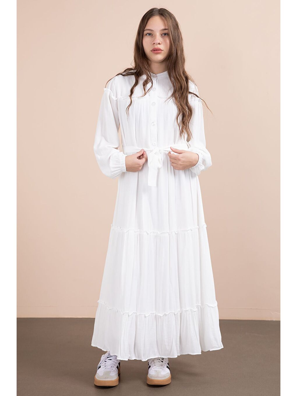 Ekru Kolları Büzgülü Kuşaklı Kız Çocuk Uzun Elbise 23401-3