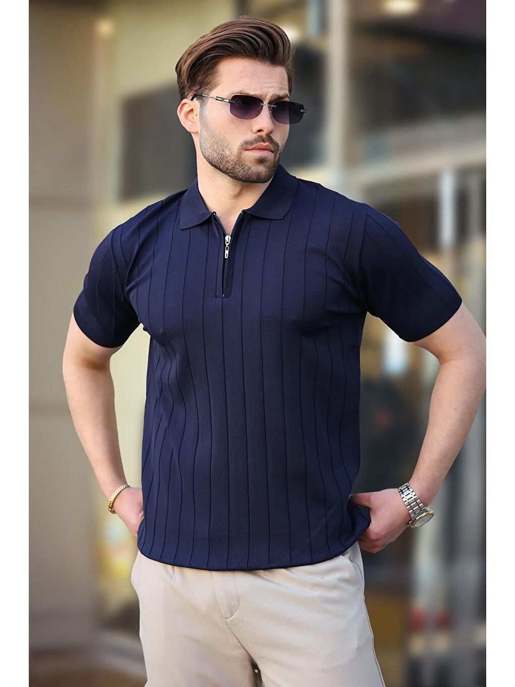 Lacivert Polo Yaka Fermuarlı Erkek T-Shirt E7298-3