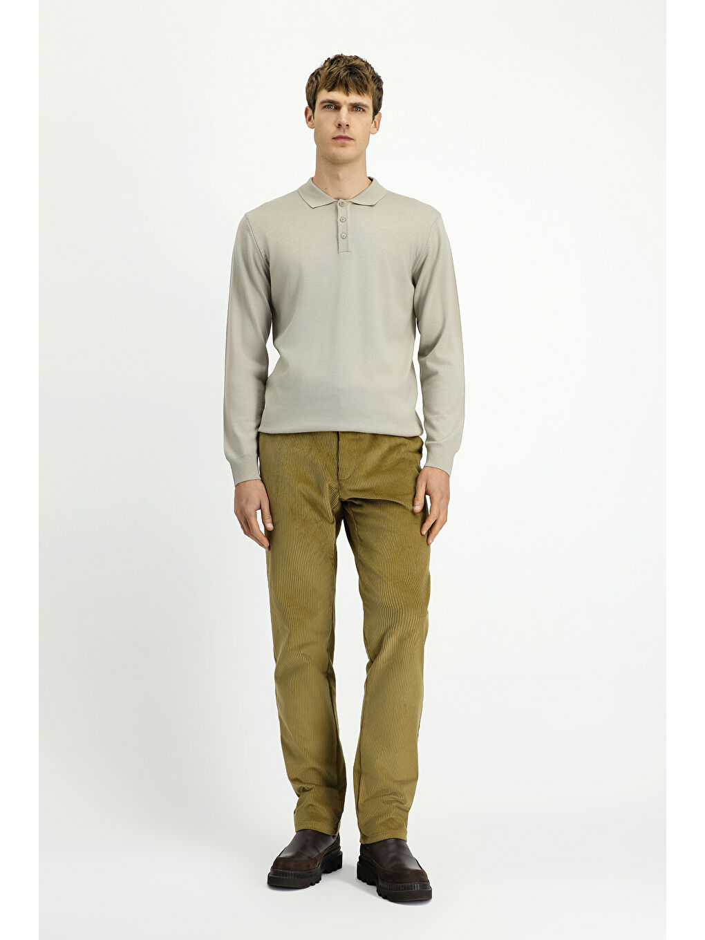 Bej Polo Yaka Düğmeli Regular Fit Sıcak Tutan Yünlü Triko Kazak-1