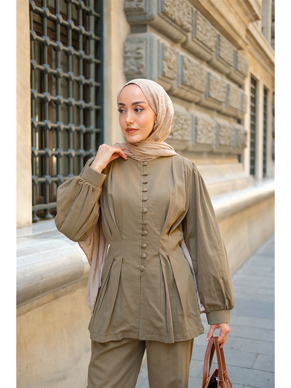 Kadın Beli Pens Detaylı Takım Haki Yeşil-1