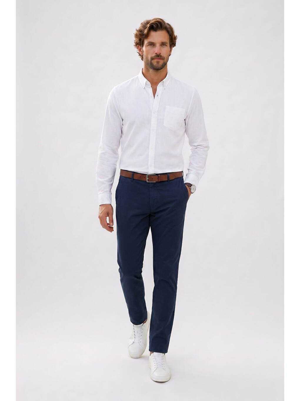 Erkek Slim Fit Dar Kesim Uzun Kollu %100 Pamuk Keten Efektli Düğmeli Yaka Rahat Beyaz Gömlek-1