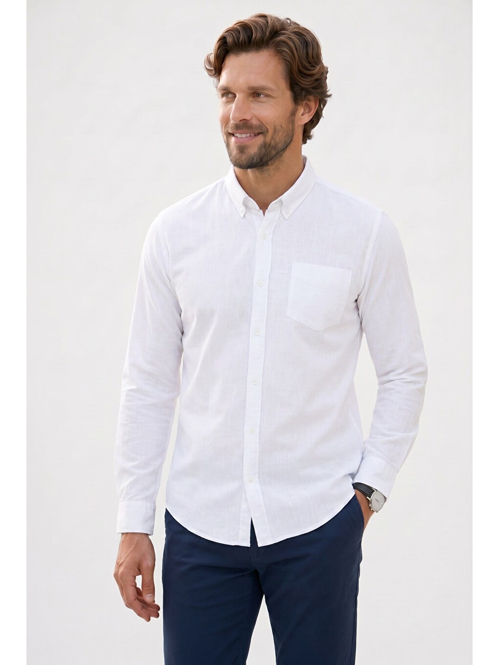 Erkek Slim Fit Dar Kesim Uzun Kollu %100 Pamuk Keten Efektli Düğmeli Yaka Rahat Beyaz Gömlek-2
