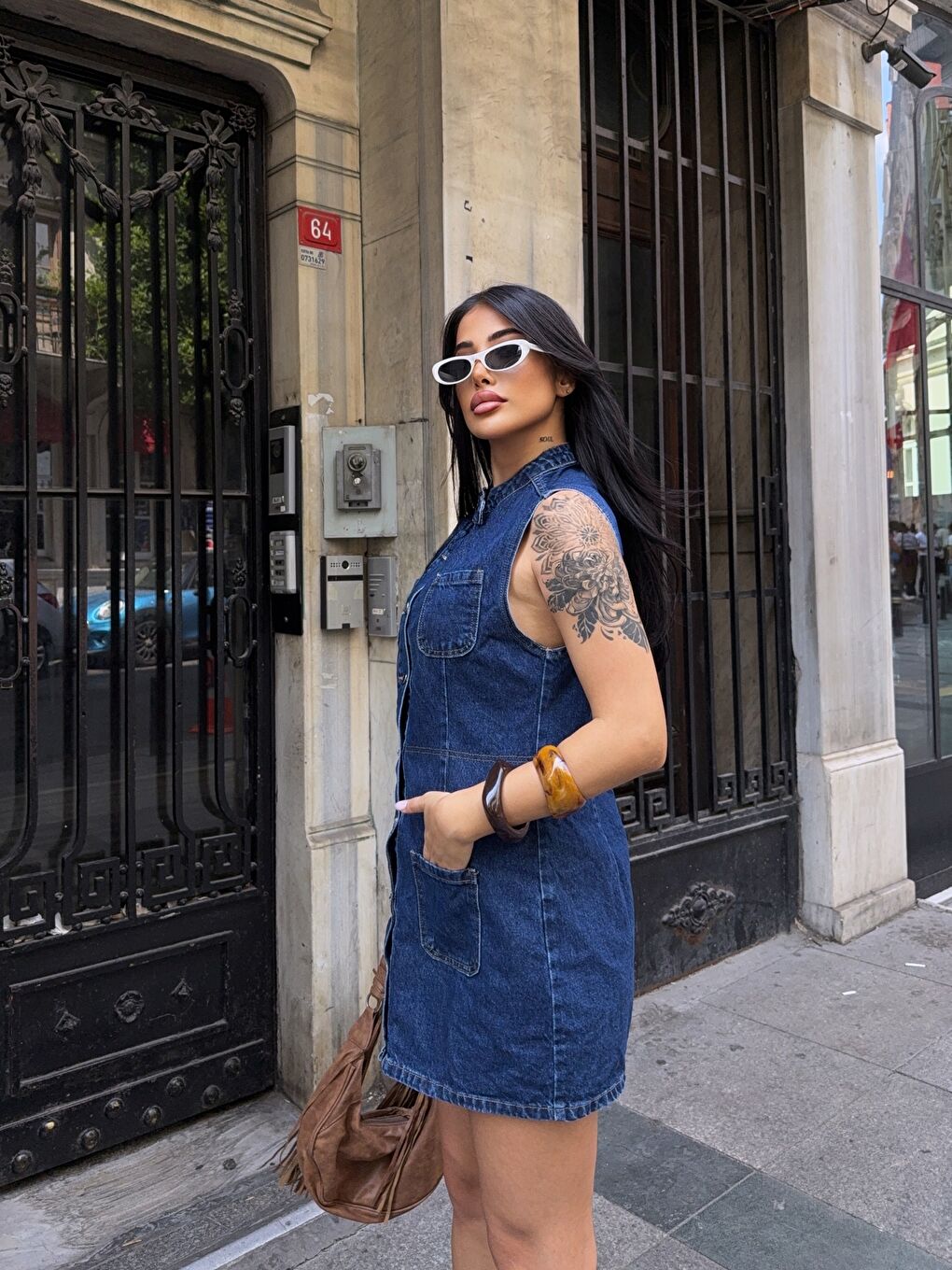 Lacivert Kolsuz Önü Düğmeli Jean Elbise-2