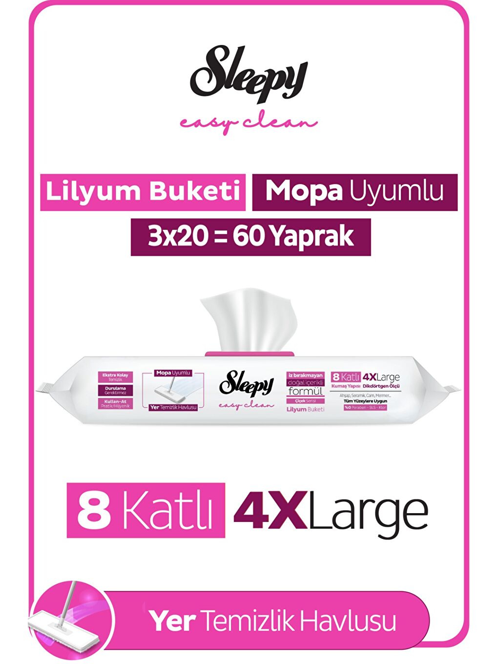 Easy Clean Lilyum Buketi Mopa Uyumlu Yer Temizlik Havlusu&Mendili 3x20 (60 Yaprak)