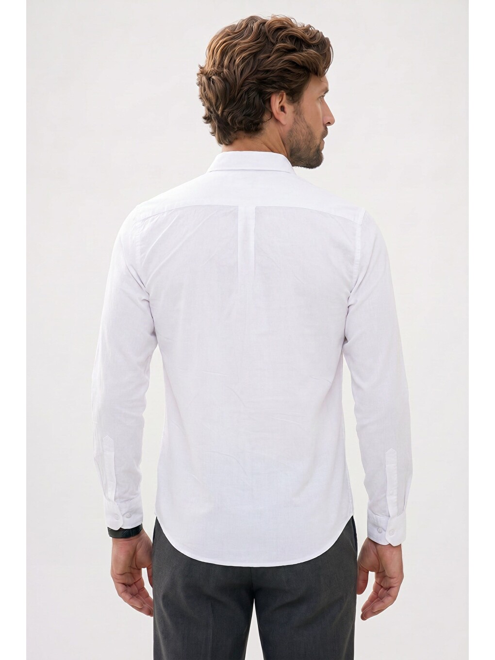 Erkek Slim Fit Dar Kesim Uzun Kollu %100 Pamuk Keten Efektli Düğmeli Yaka Rahat Beyaz Gömlek-5