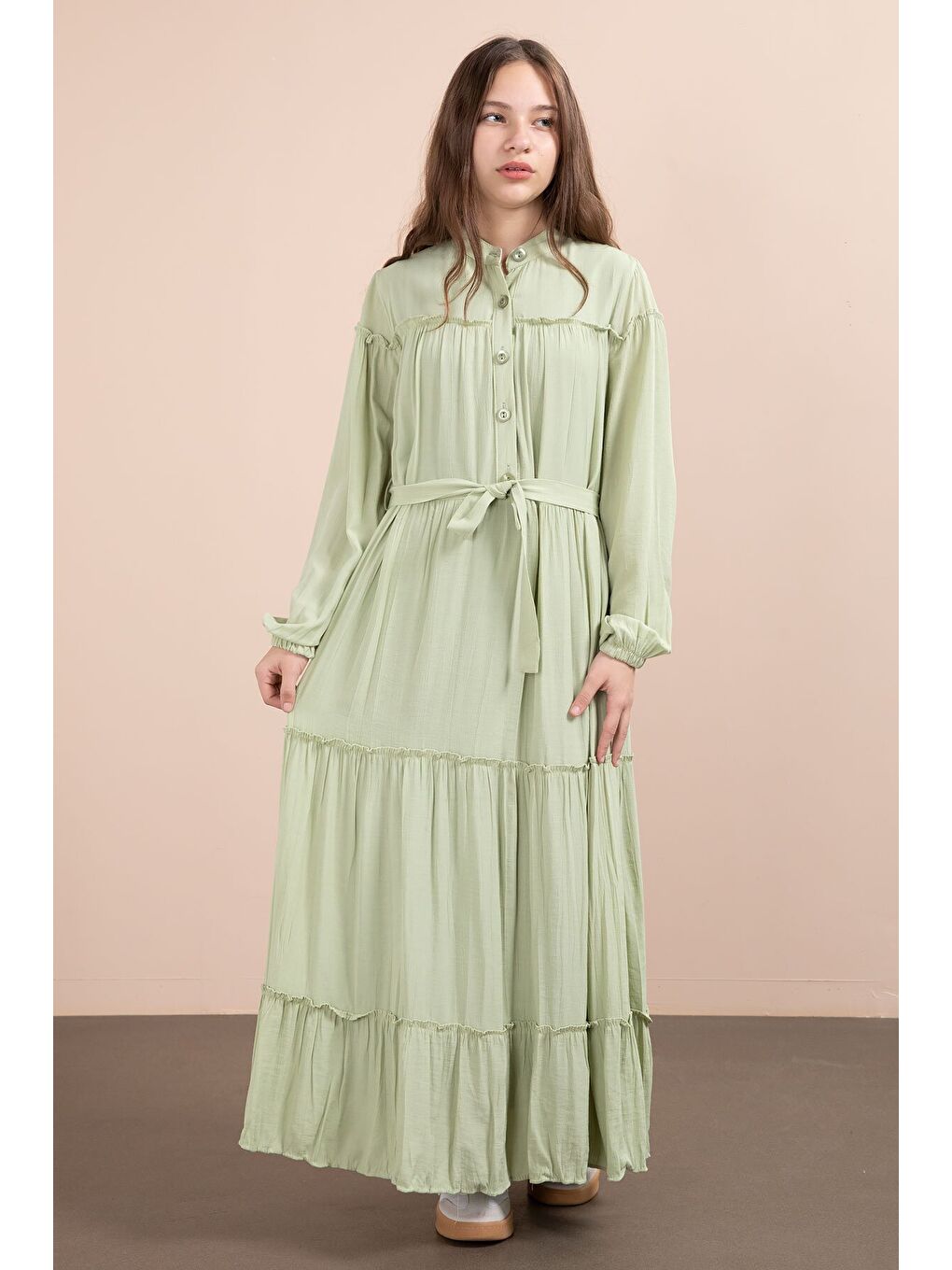 Yeşil Kolları Büzgülü Kuşaklı Kız Çocuk Uzun Elbise 23400