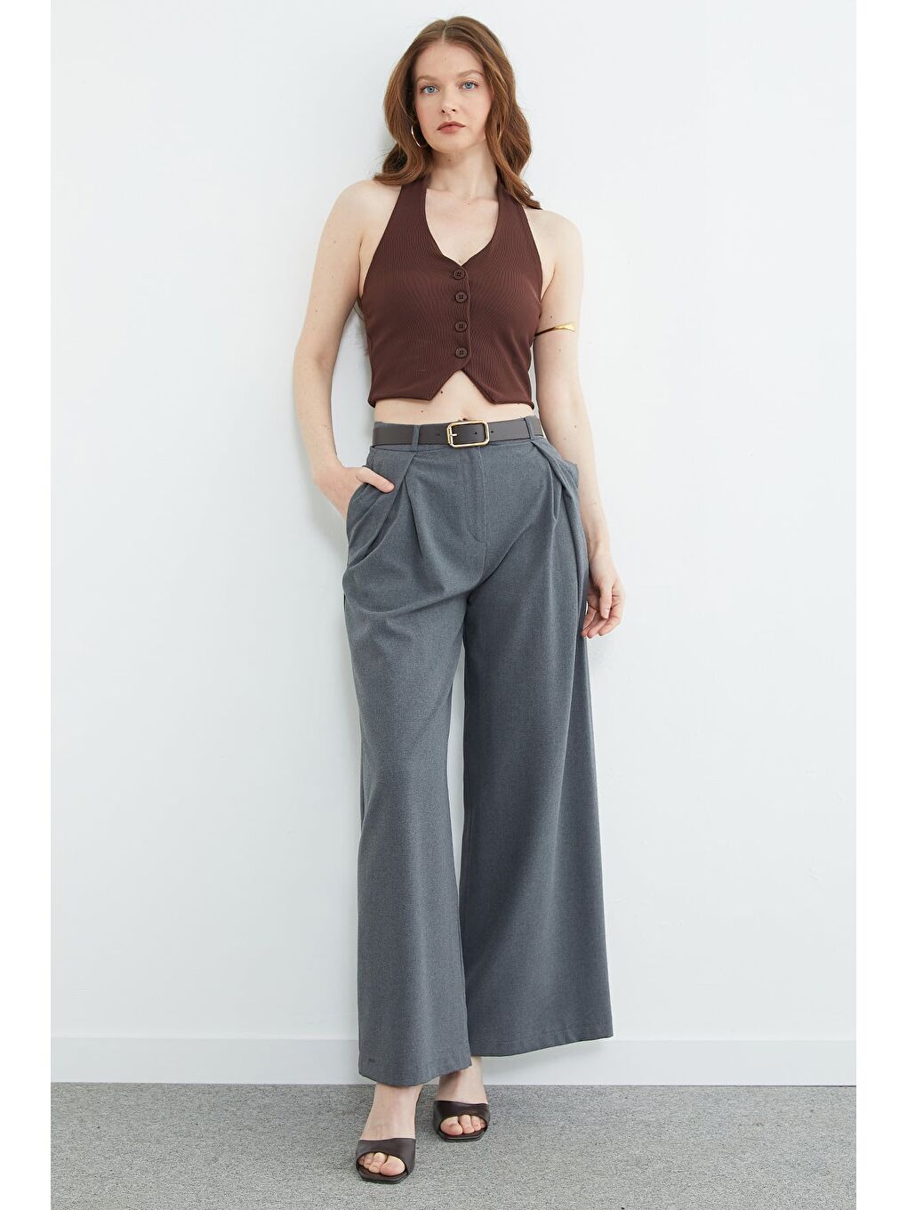 Antrasit Beli Kemerli Pileli Yüksek Bel Pantolon-1