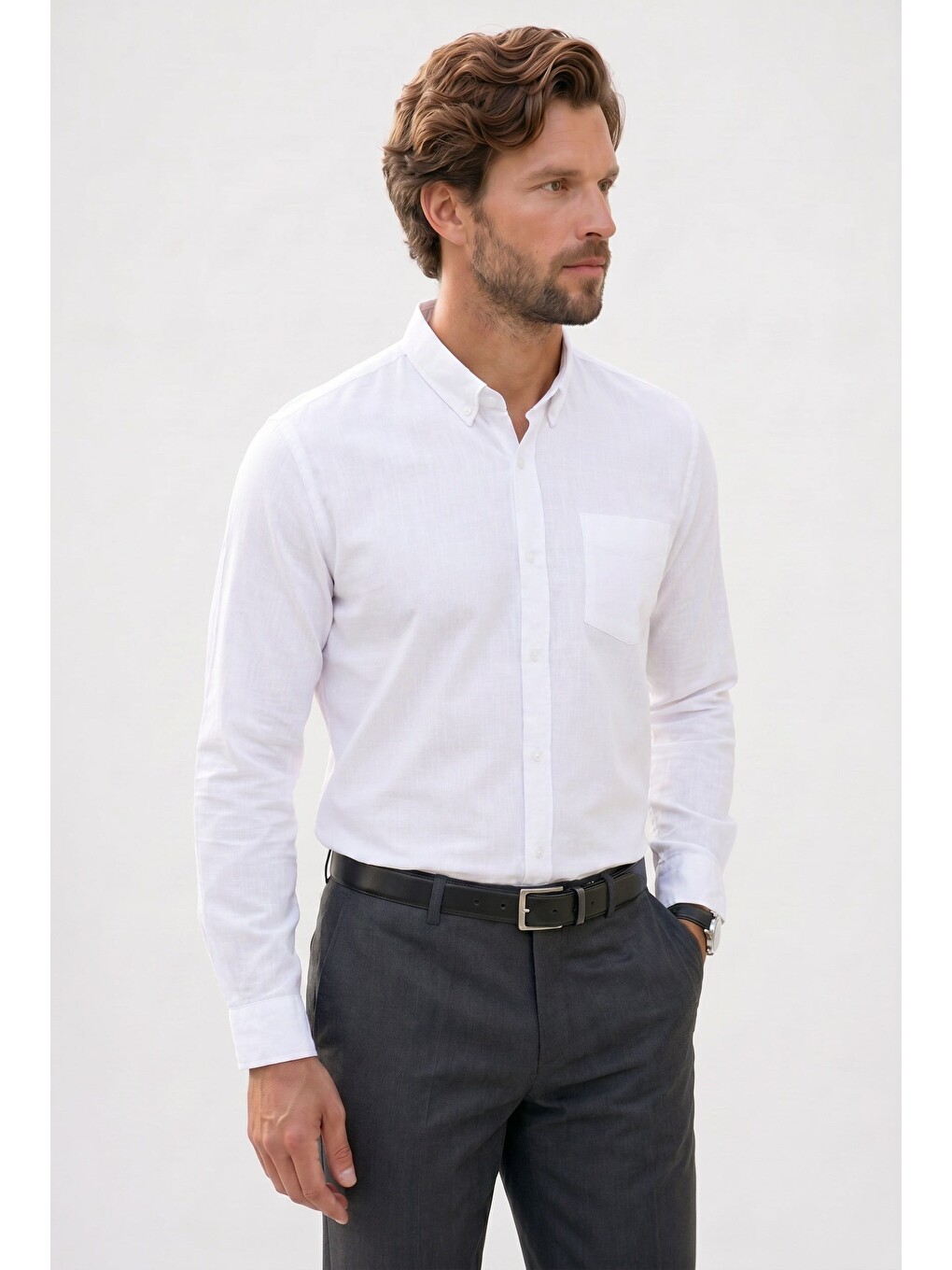 Erkek Slim Fit Dar Kesim Uzun Kollu %100 Pamuk Keten Efektli Düğmeli Yaka Rahat Beyaz Gömlek-6