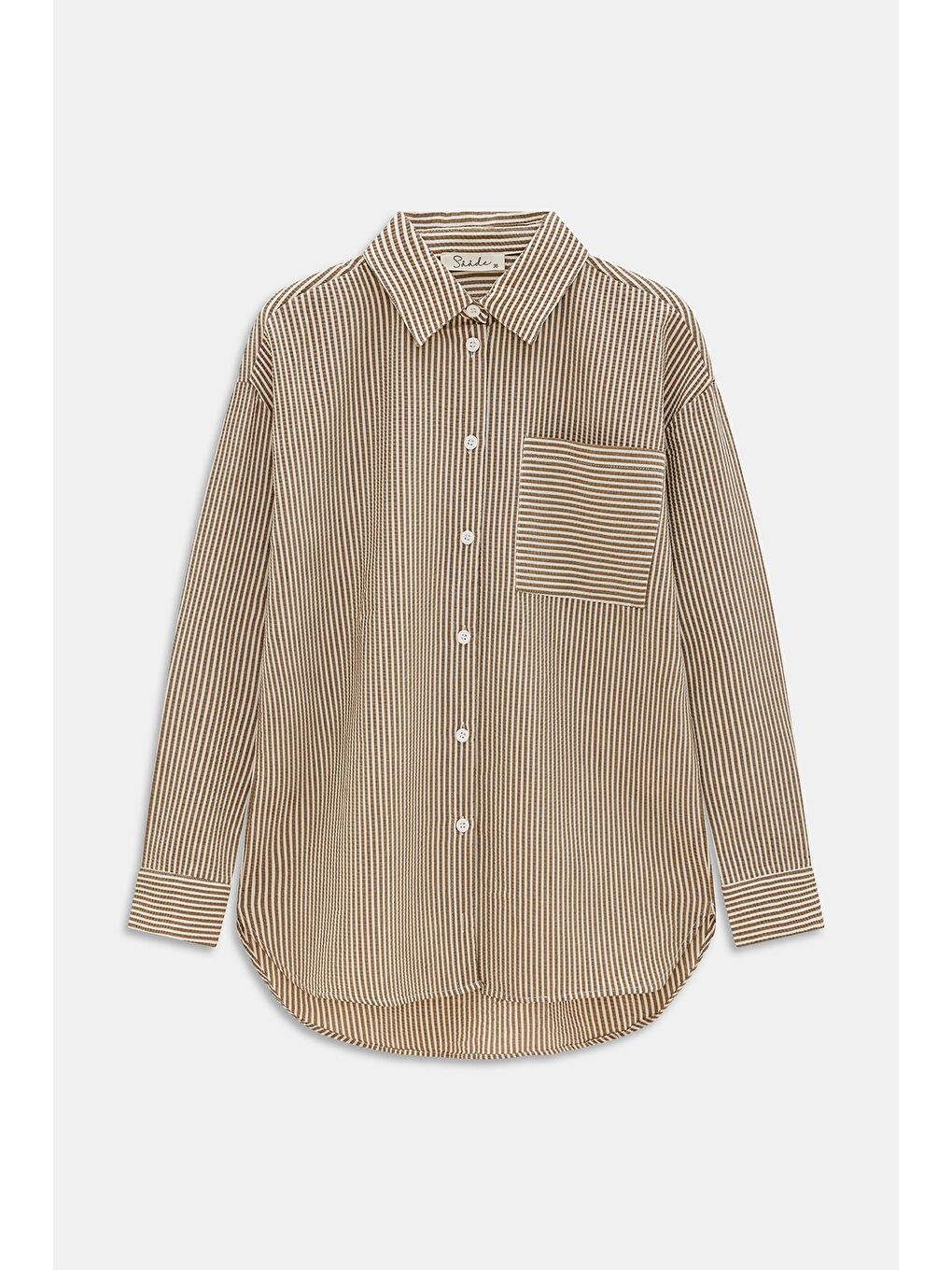 Kahverengi Kahve Kadın Çizgili Dokulu Regular Basic Gömlek - Tek Cepli