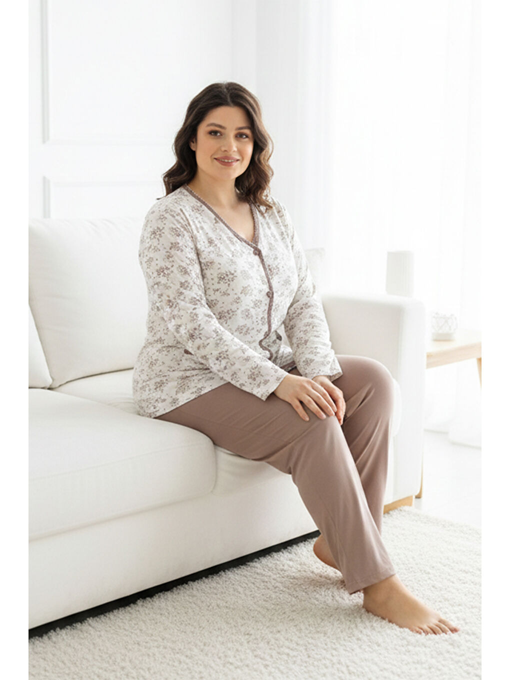 Büyük Beden Önü Düğmeli Kadın Uzun Kol Kroşetalı Pamuklu Pijama Takımı 250691 Beyaz04-2