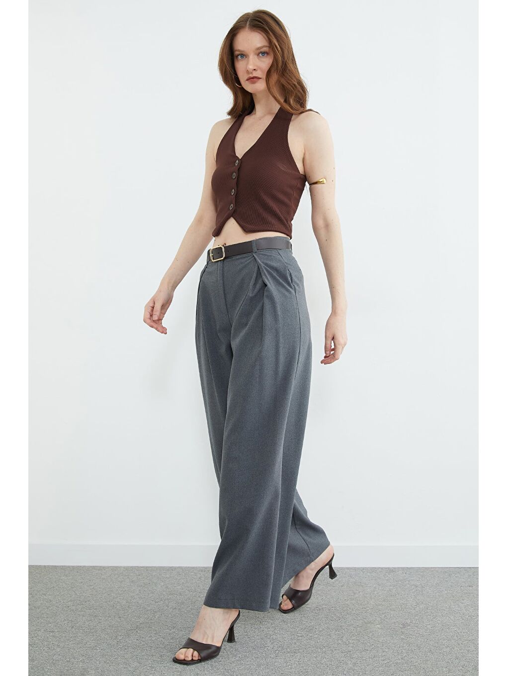 Antrasit Beli Kemerli Pileli Yüksek Bel Pantolon-2