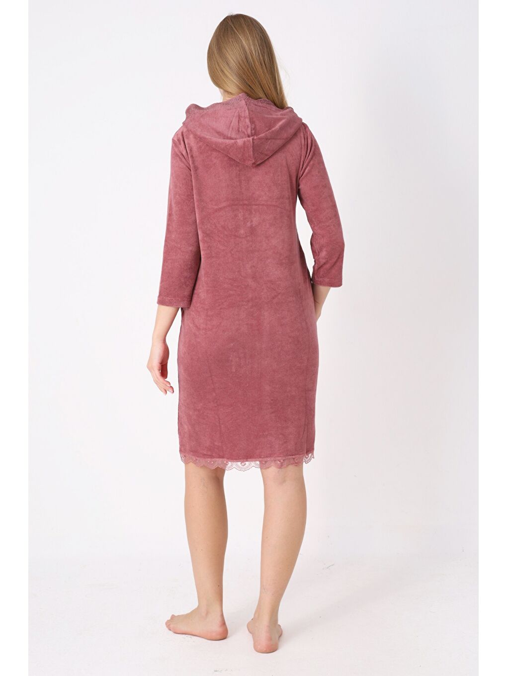 Kahverengi Kapüşonlu Fermuarlı Cepli Taşlı Truvakar Kollu Pamuklu Havlu Elbise-5