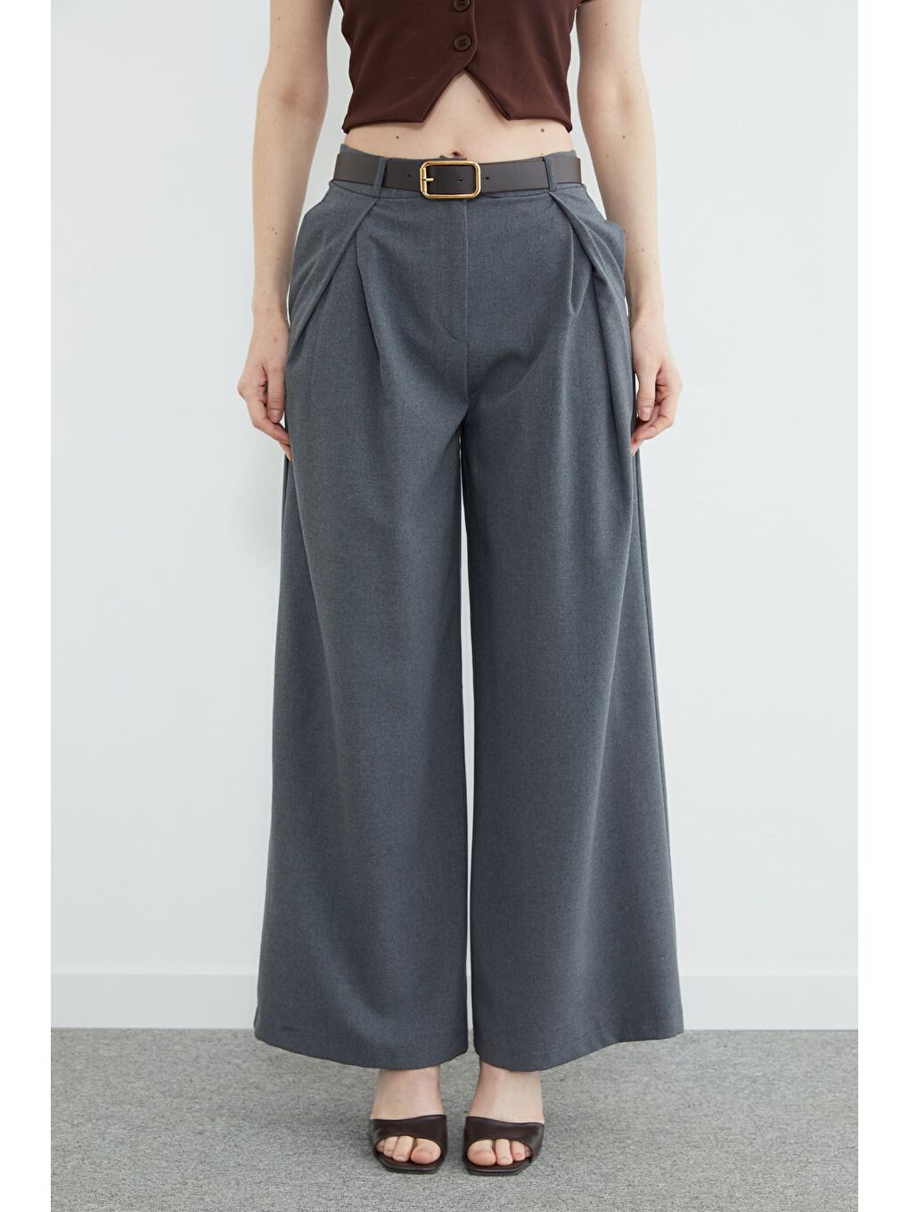 Antrasit Beli Kemerli Pileli Yüksek Bel Pantolon-3