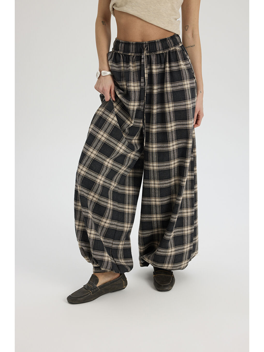 Jolene Ekoseli Antrasit Şalvar Pantolon-5