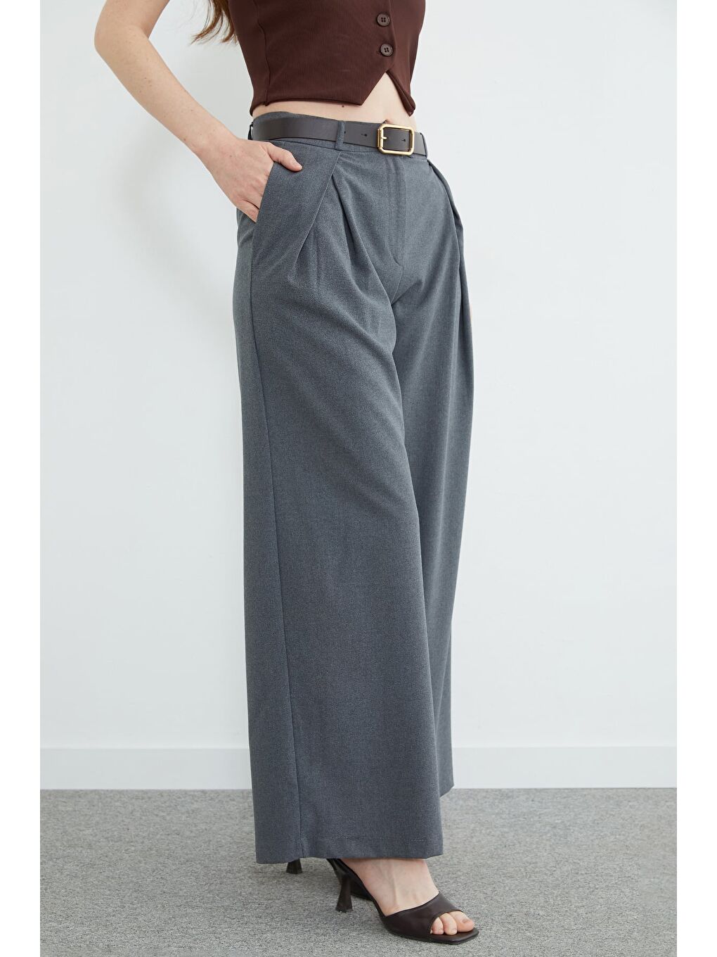 Antrasit Beli Kemerli Pileli Yüksek Bel Pantolon-4