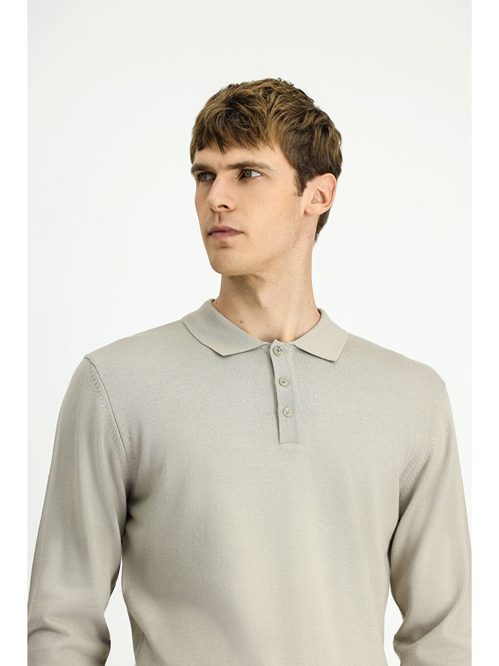 Bej Polo Yaka Düğmeli Regular Fit Sıcak Tutan Yünlü Triko Kazak-2