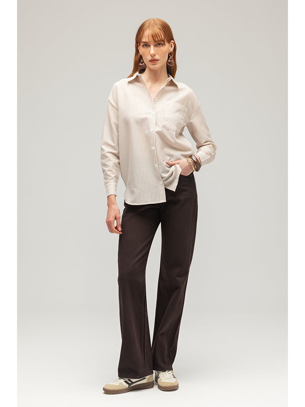 Bej Kadın Çizgili Dokulu Regular Basic Gömlek - Tek Cepli-3