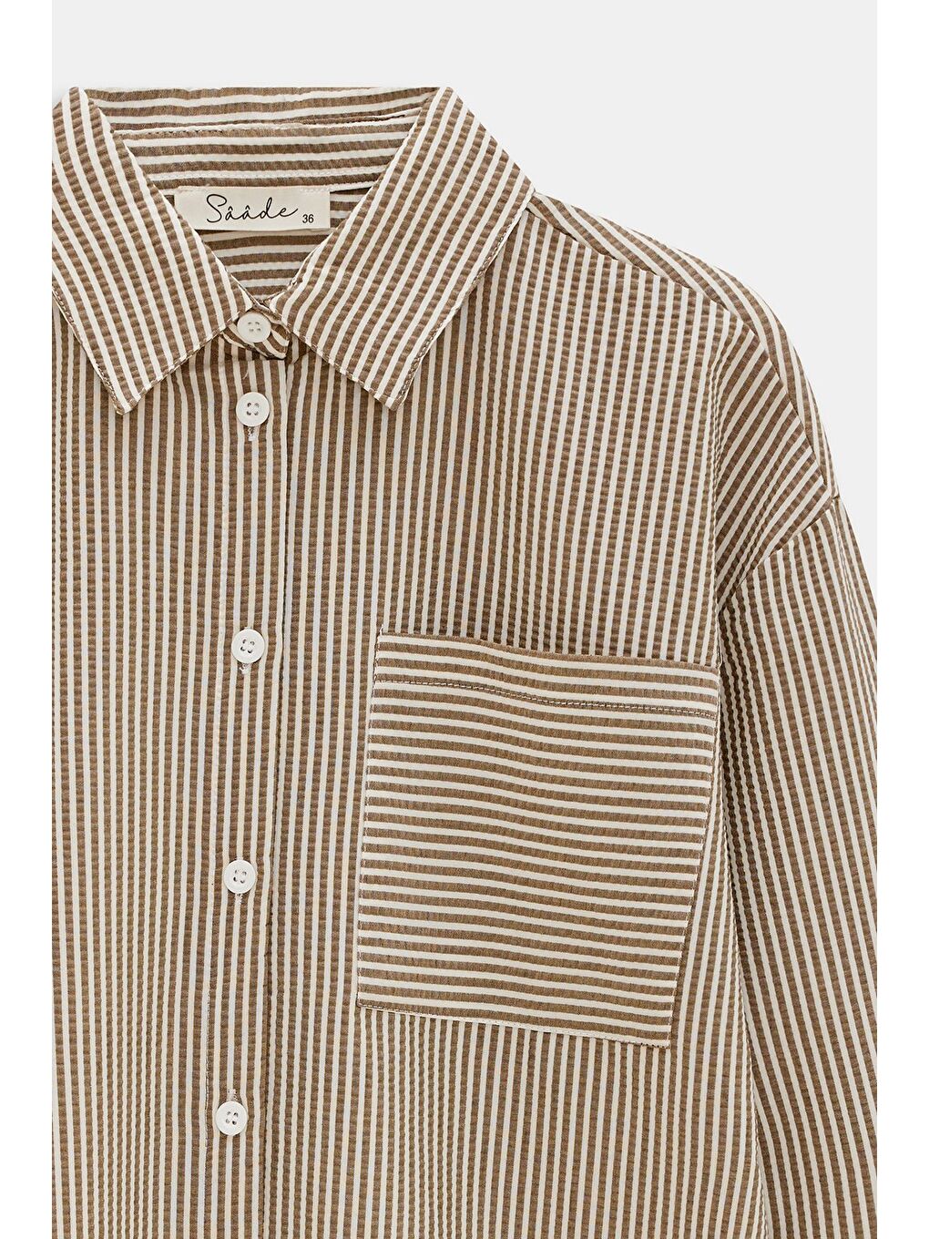 Kahverengi Kahve Kadın Çizgili Dokulu Regular Basic Gömlek - Tek Cepli-1