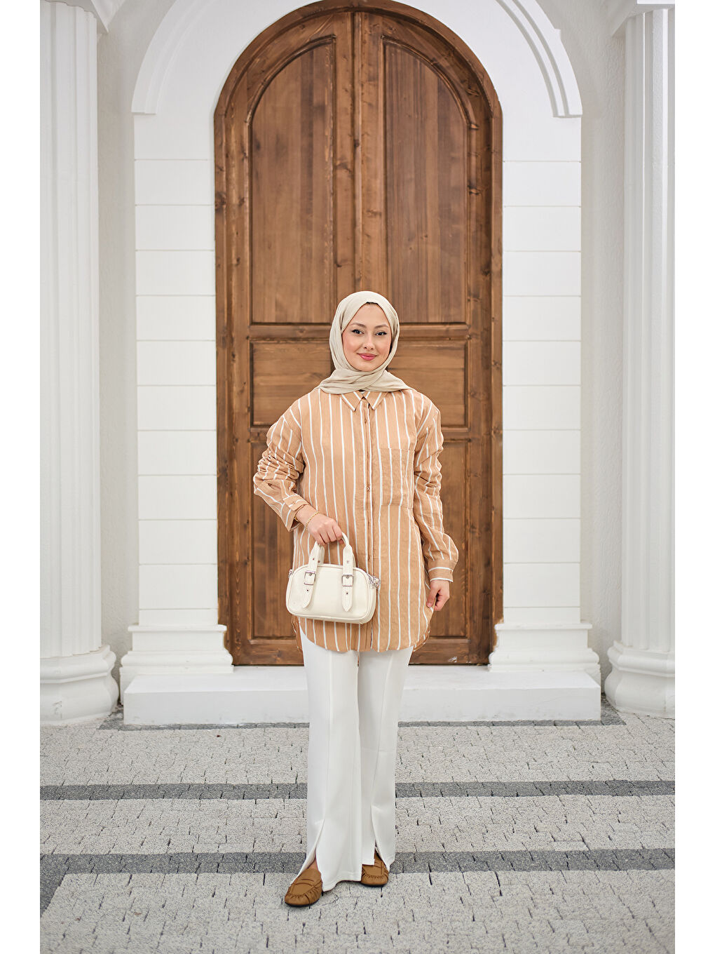 Bej Kadın Kalın Çizgili Detay Gömlek Vizon-1