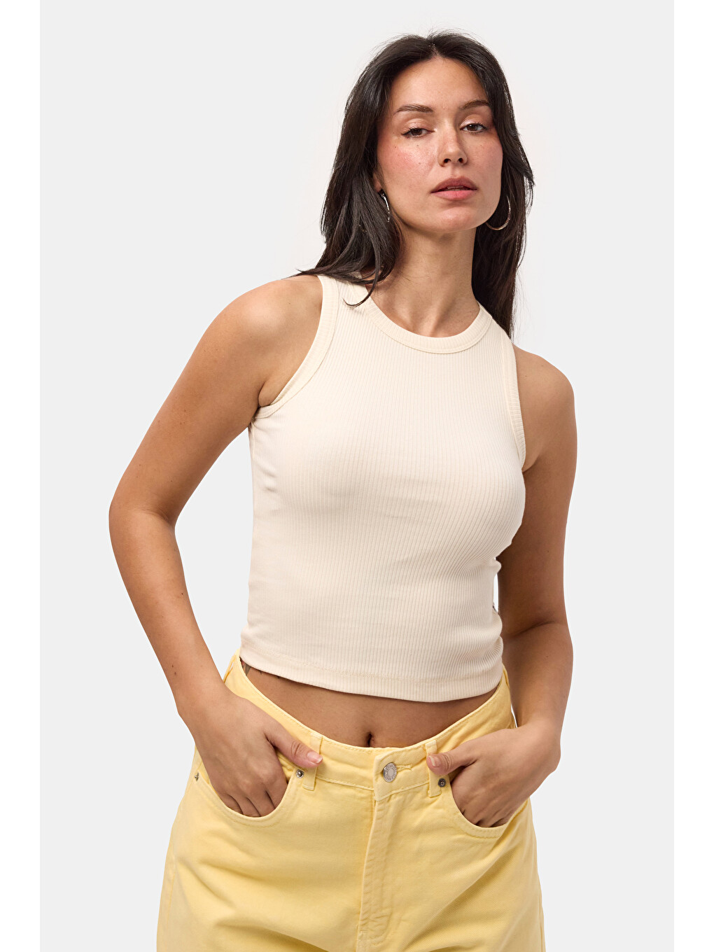Bej Kadın Taş s6-57 Sıfır Kol Esnek Kumaş Crop Top