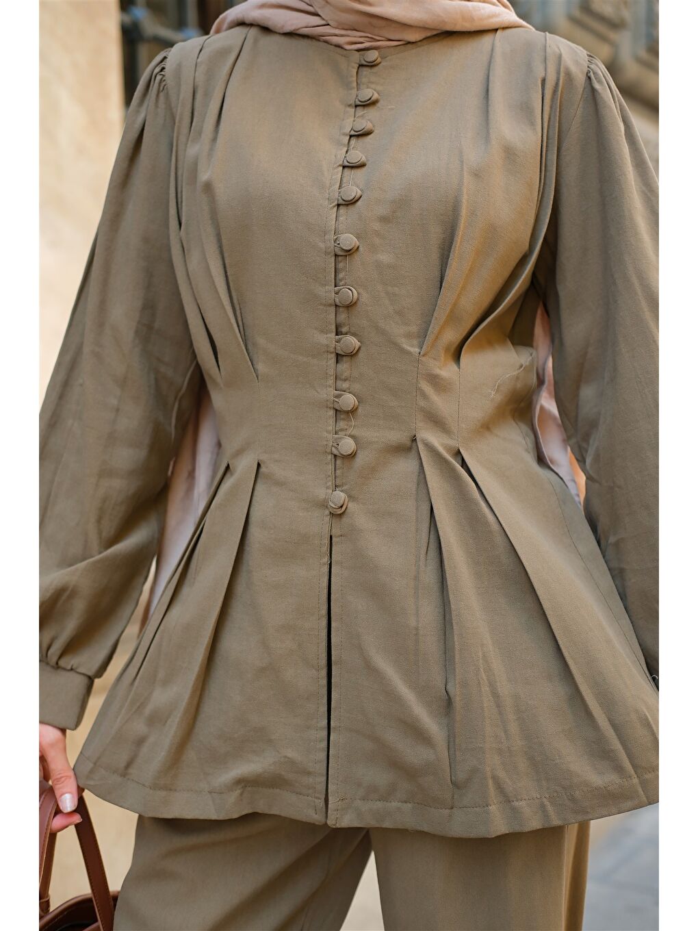 Kadın Beli Pens Detaylı Takım Haki Yeşil-3