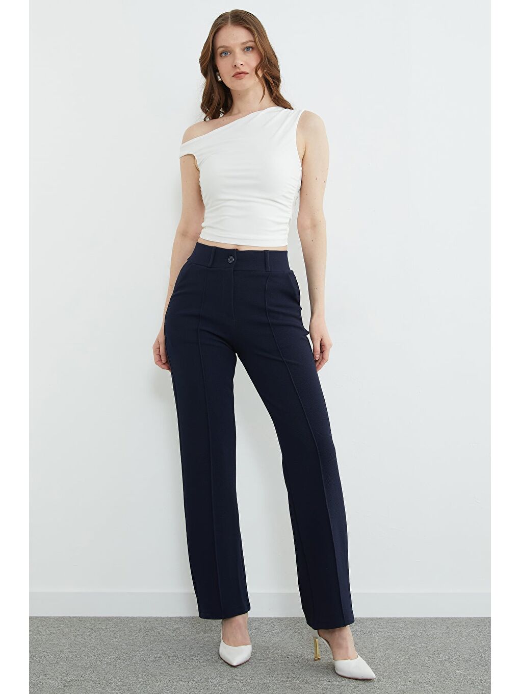 Lacivert Çimalı Yüksek Bel Palazzo Pantolon