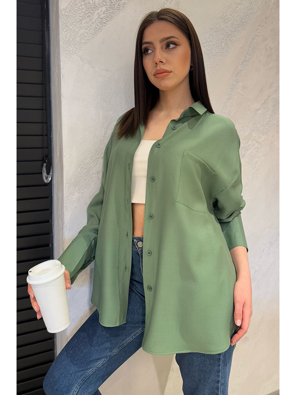 Yeşil Kadın Tek Cepli Salaş Gömlek