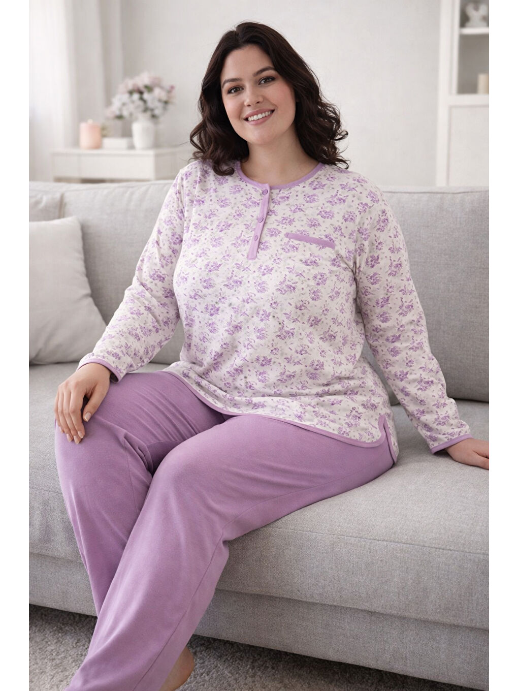 Büyük Beden Kadın Uzun Kol Kroşetalı Patlı Pamuklu Pijama Takımı 250676 Beyaz03-1