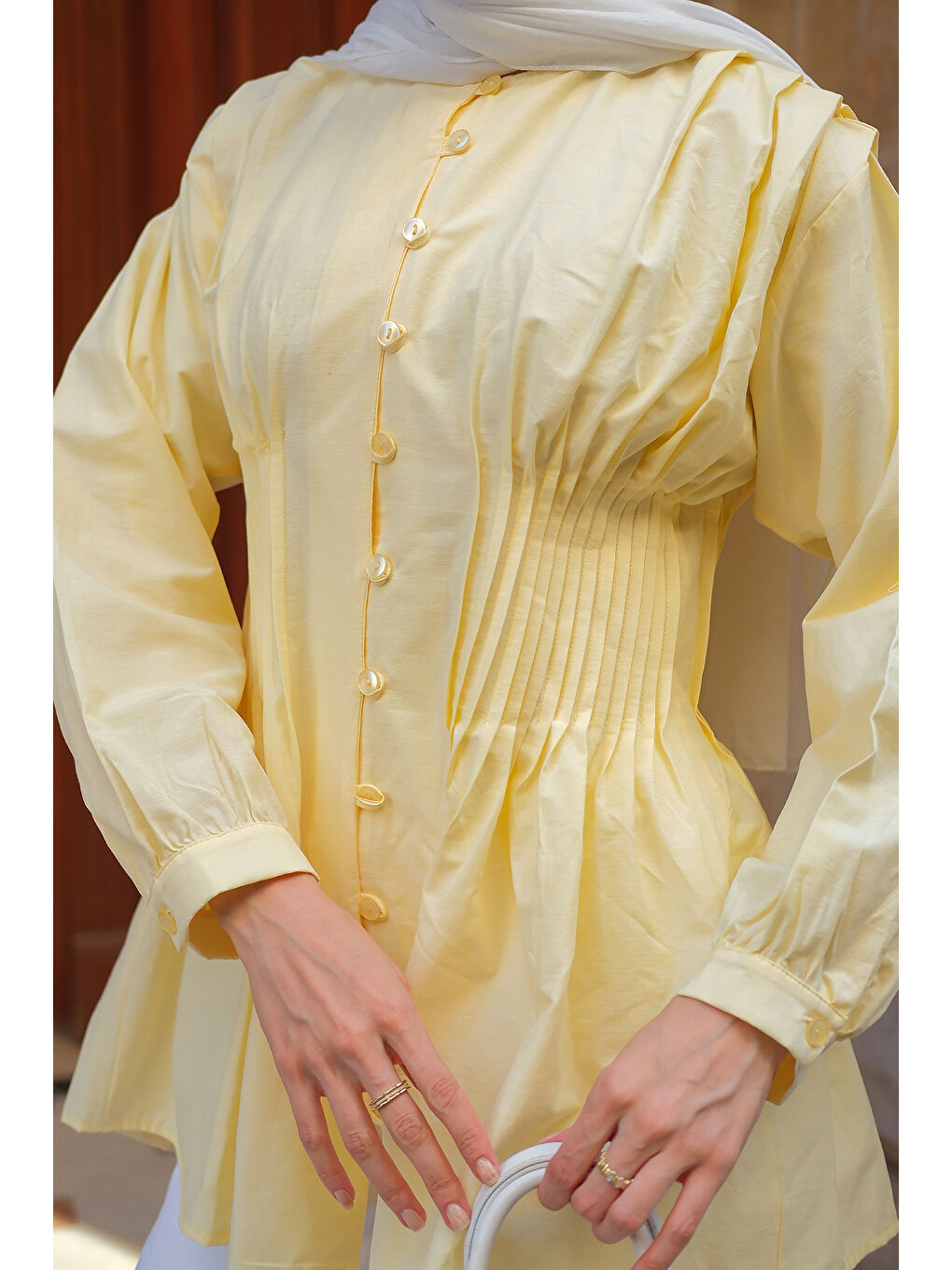 Kadın Beli Nervürlü Poplin Gömlek Sarı-4