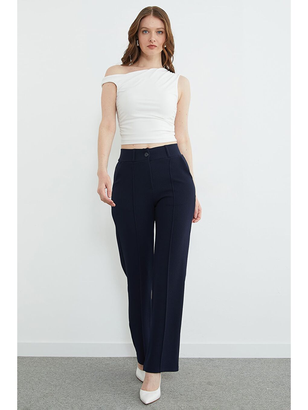 Lacivert Çimalı Yüksek Bel Palazzo Pantolon-1