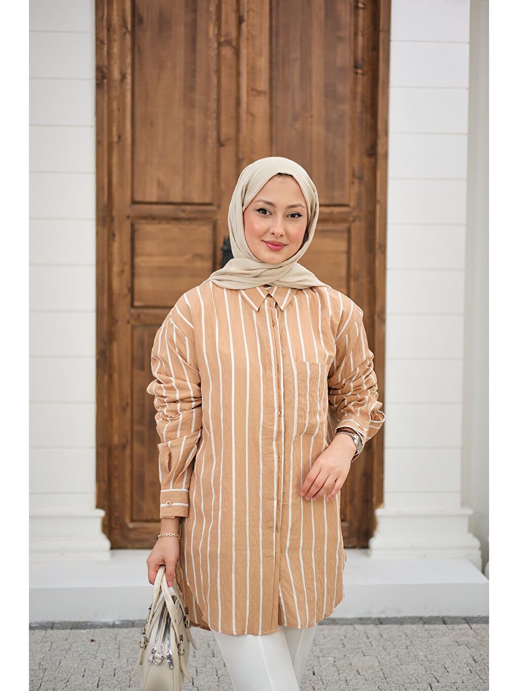 Bej Kadın Kalın Çizgili Detay Gömlek Vizon-3