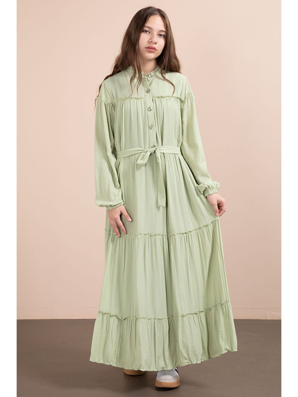 Yeşil Kolları Büzgülü Kuşaklı Kız Çocuk Uzun Elbise 23400-2
